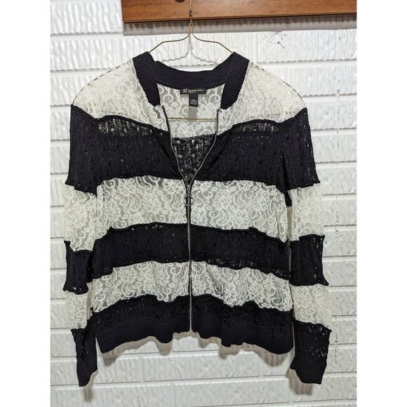 INC Women's Black White Zip Front Floral Lace Striped Sheer Jacket Size 2X - Picture 1 of 5
